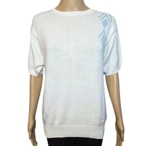 Izod Sweater Vintage Short Sleeve Crew  White Blue Womens Size Medium